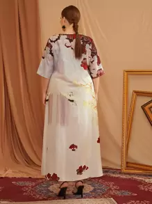 Plus Notched Neckline Crane & Plant Print Dress - Multicolor - View 2