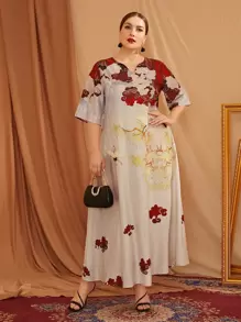 Plus Notched Neckline Crane & Plant Print Dress - Multicolor - View 3