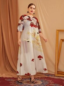 Plus Notched Neckline Crane & Plant Print Dress - Multicolor - View 4