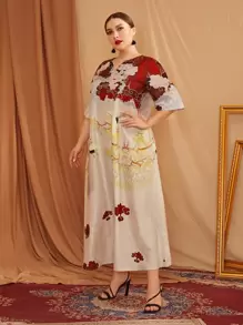 Plus Notched Neckline Crane & Plant Print Dress - Multicolor - View 5