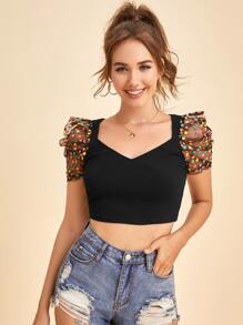 SHEIN Privé Colourful Dot Mesh Sleeve Rib-knit Crop Top - Black - View 1