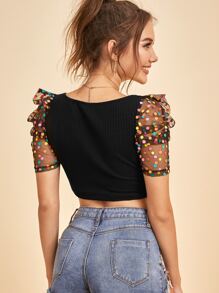 SHEIN Privé Colourful Dot Mesh Sleeve Rib-knit Crop Top - Black - View 2