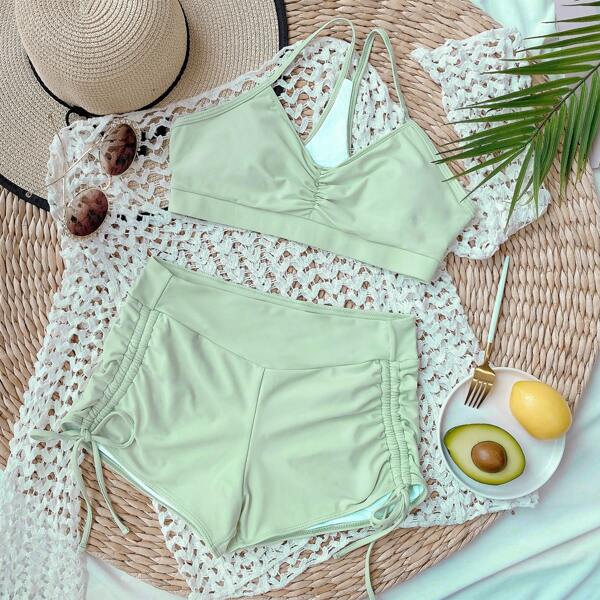 

Ruched Drawstring Shorts Bikini Swimsuit, Mint green