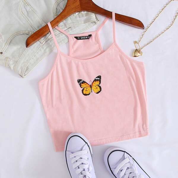 

Butterfly Print Crop Cami Top, Baby pink