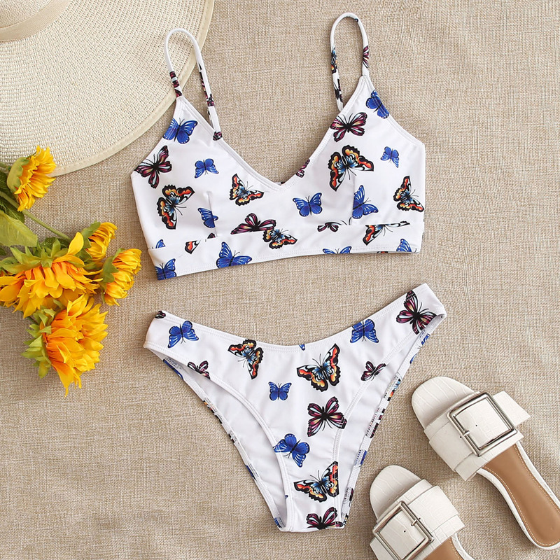 

Butterfly Print Cheeky Bikini Swimsuit, White