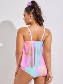 Plus Tie-Dye Mesh Overlay Tankini Set Adjustable Strap Cami Top & High Waisted Bottom 2 Piece Bathing Suit - Multicolor - View 2