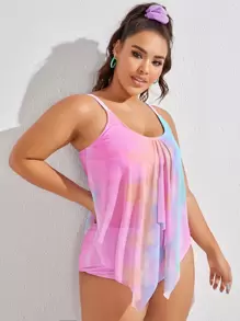 Plus Tie-Dye Mesh Overlay Tankini Set Adjustable Strap Cami Top & High Waisted Bottom 2 Piece Bathing Suit - Multicolor - View 4