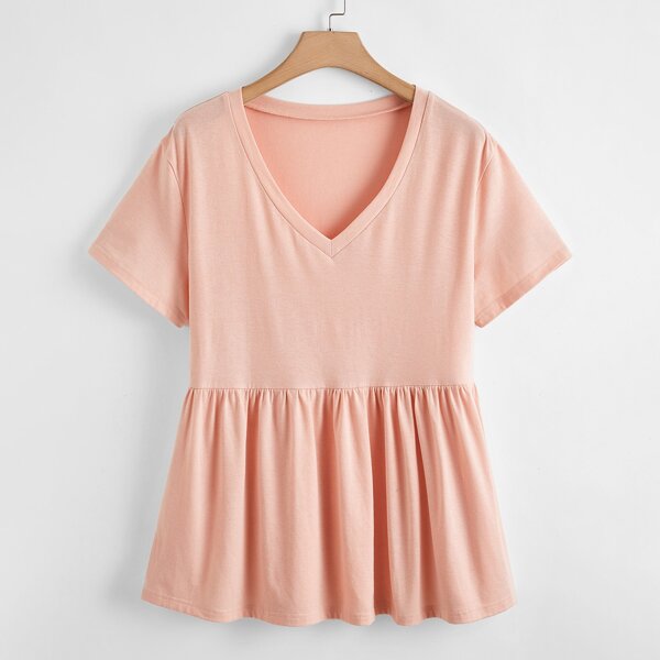 

Plus Solid V-neck Peplum Tee, Pastel baby pink