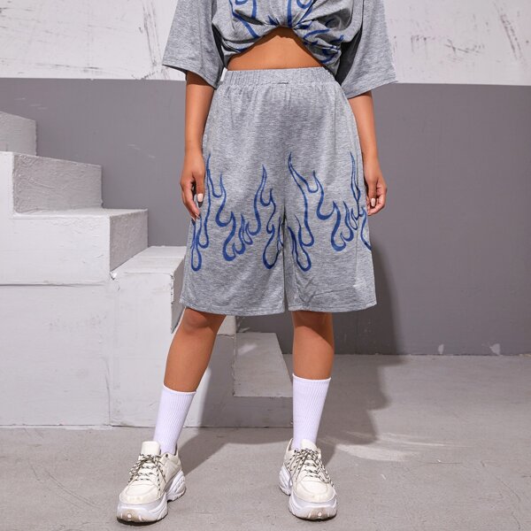 

High Waist Fire Print Shorts, Light grey