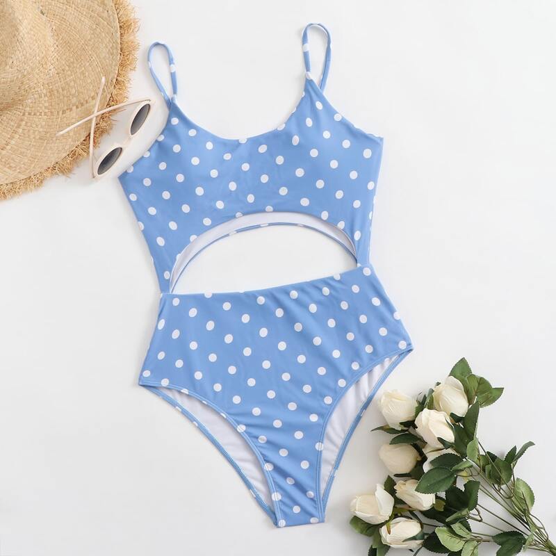 

Polka Dot Cut-out One Piece Swimsuit, Blue