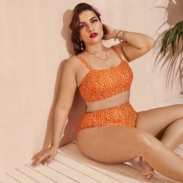 

Plus Ditsy Floral High Waisted Bikini Swimsuit, Orange bright