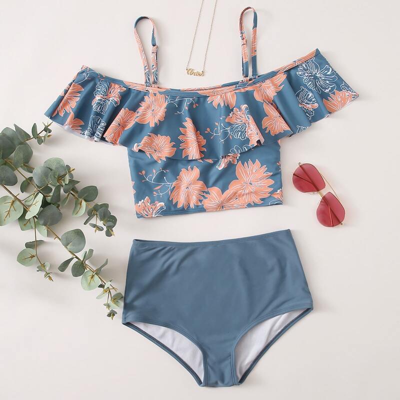 

Leaf Print Flounce High Waisted Bikini Swimsuit, Dusty blue