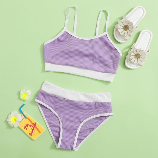 

Girls Rib Contrast Binding Bikini Swimsuit, Pastel lilac purple