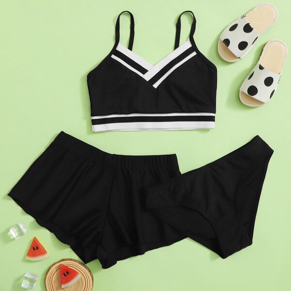 

3pack Girls Striped Trim Bikini Swimsuit, Black