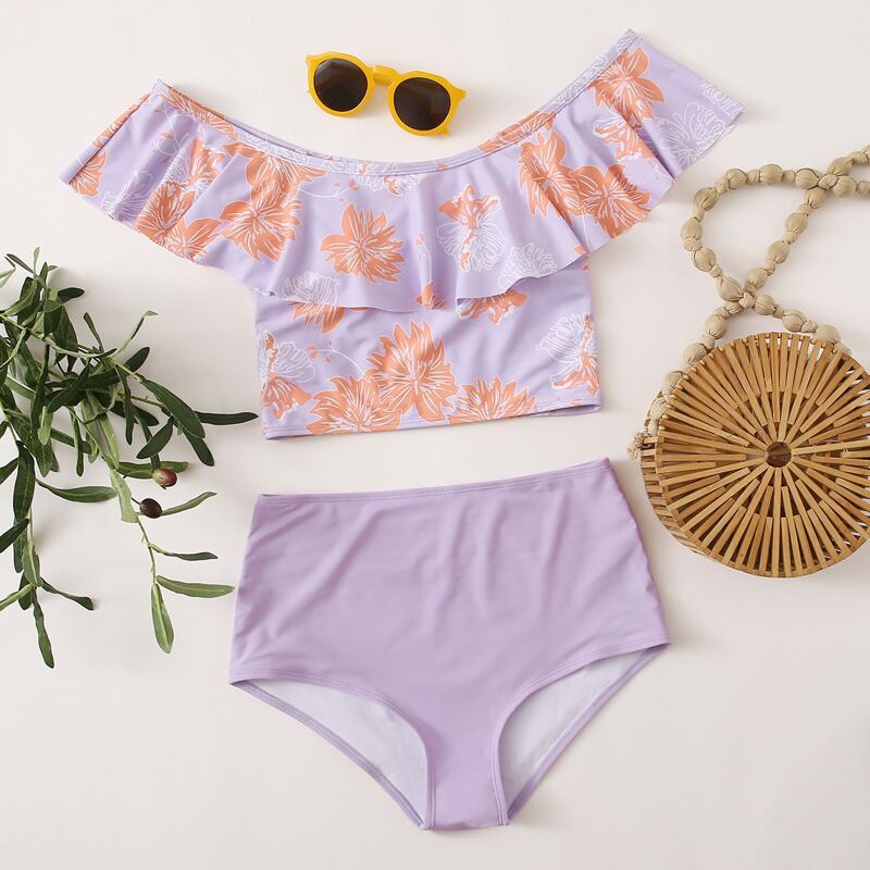 

Leaf Print Flounce Bardot Bikini Swimsuit, Pastel lilac purple