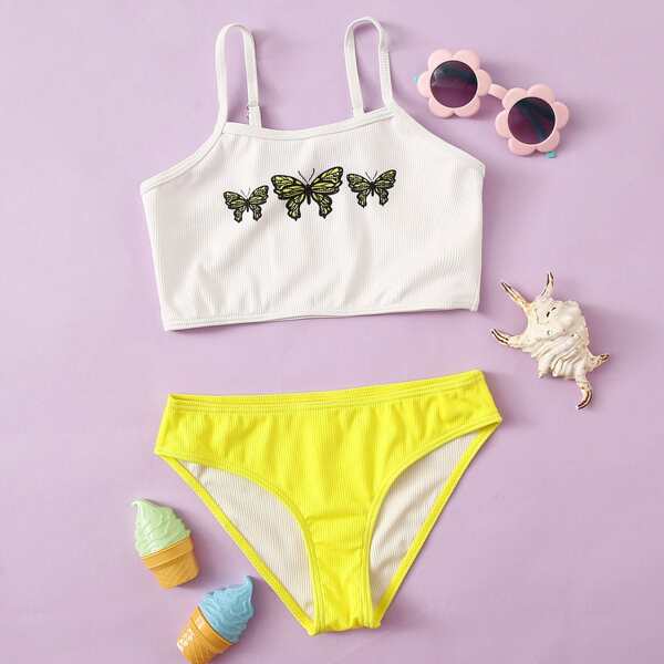 

Girls Butterfly Print Rib Bikini Swimsuit, Multicolor