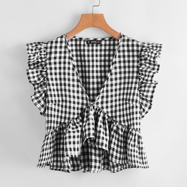 

Gingham Print Ruffle Hem Blouse, Black and white