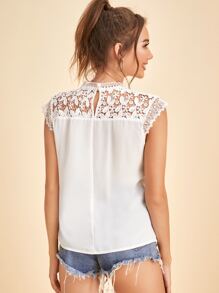Guipure Lace Panel Keyhole Back Blouse - White - View 2