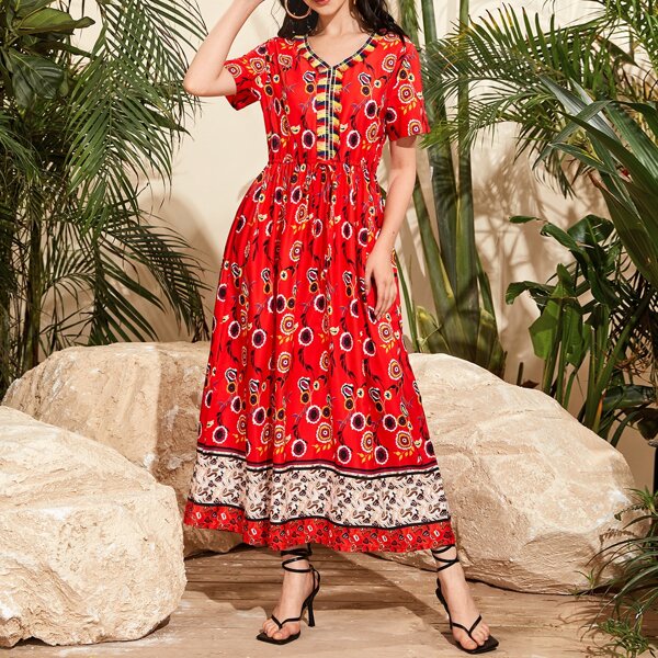 

Floral Print Fringe Trim Dress, Red