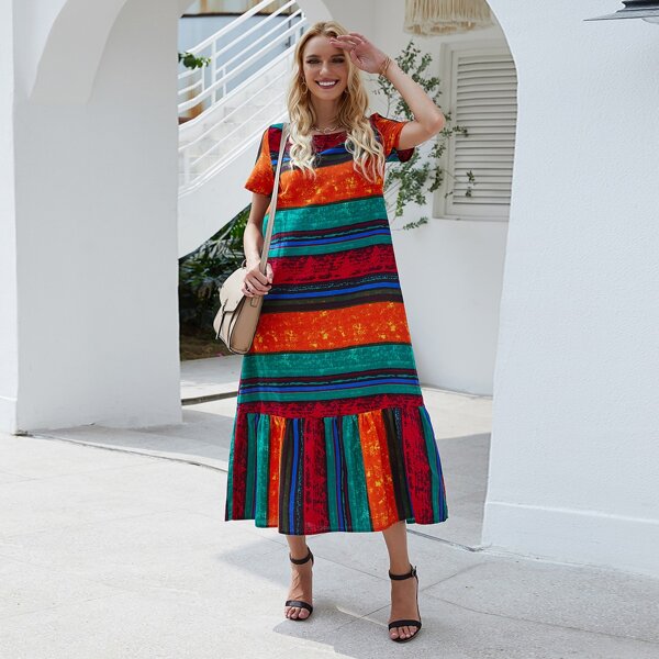 

Colorblock Striped Babydoll Dress, Multicolor