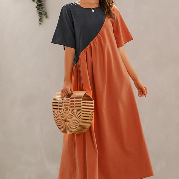 

Two Tone Plicated Long Dress, Burnt orange