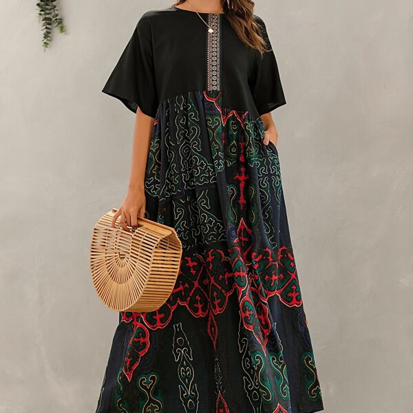 

Tribal Panel Smock Long Dress, Multicolor