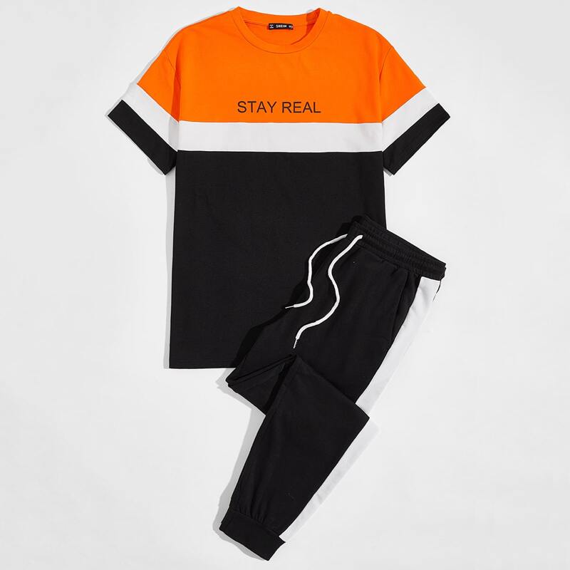 

Guys Colorblock Letter Graphic Top & Sweatpants Set, Multicolor
