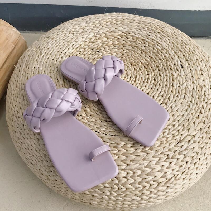 

Square Toe Ring Plaited Slide Sandals, Lilac purple