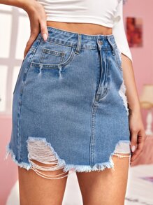 SHEIN EZwear Falda mezclilla rota bajo crudo - Azul lavado medio - Ver 5