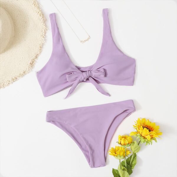 

Knot Front Cheeky Bikini Swimsuit, Pastel lilac purple