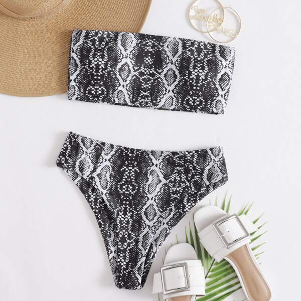 

Snakeskin Bandeau High Waisted Bikini Swimsuit, Black and white