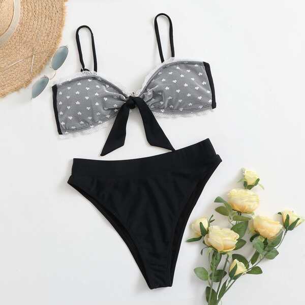 

Heart Mesh Knot Front High Cut Bikini Swimsuit, Black and white