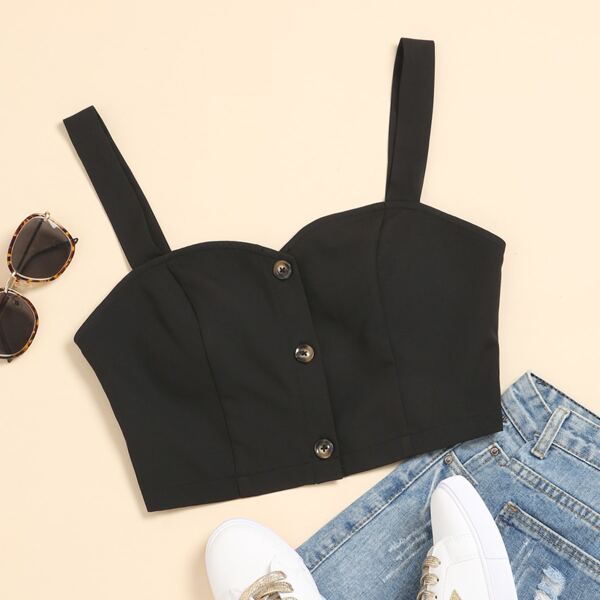 

Button Front Solid Cami Top, Black