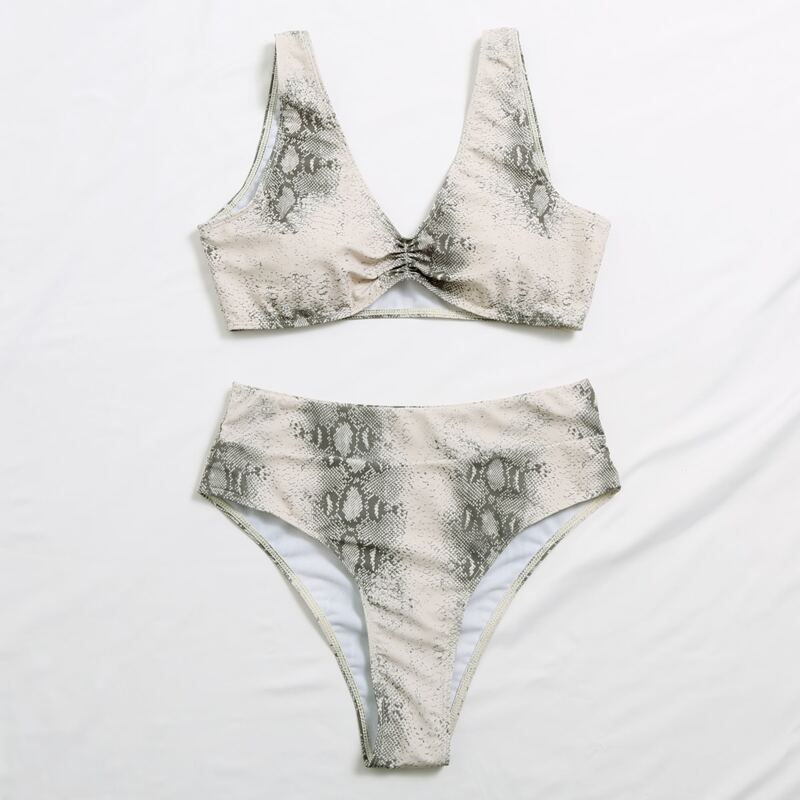 

Snakeskin Ruched High Waisted Bikini Swimsuit, Multicolor
