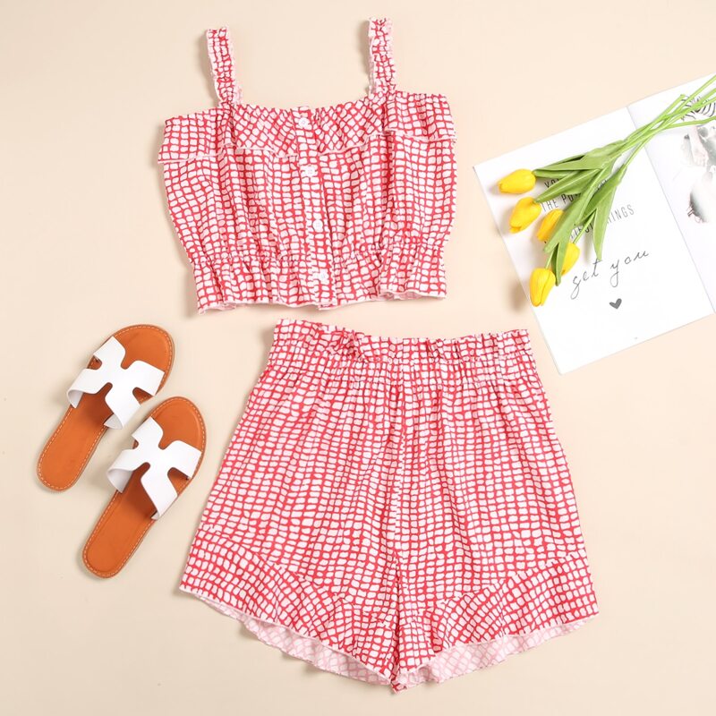 

All Over Print Ruffle Trim Cami Top With Shorts, Red and white