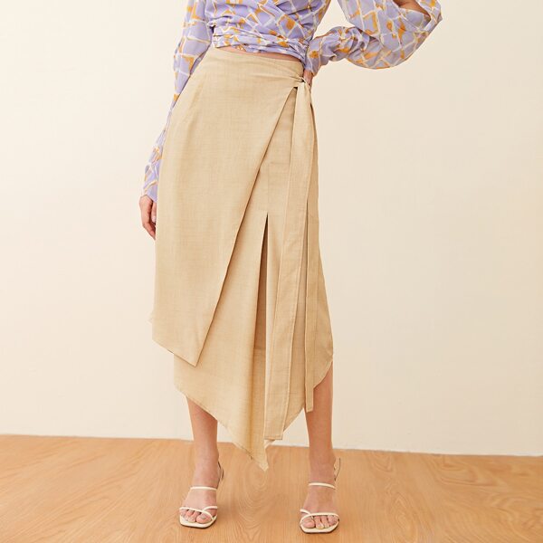 

Asymmetrical Hem Wrap Tie Side Skirt, Apricot