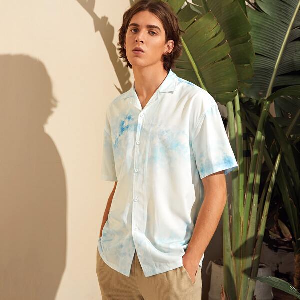 

Men Notched Collar Tie Dye Shirt, Multicolor