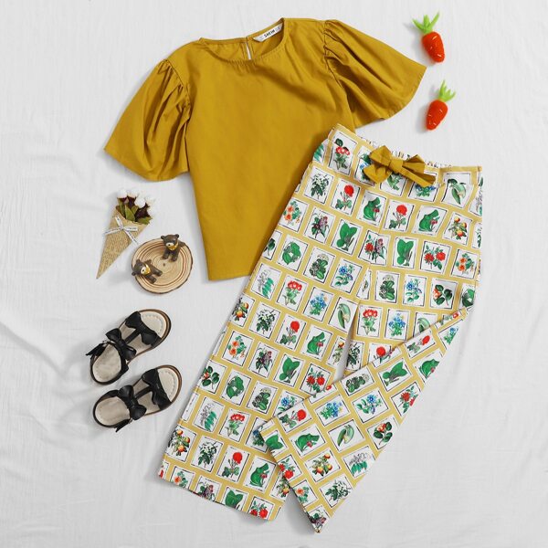 

Girls Solid Top & Plants Print Drawstring Pants Set, Multicolor