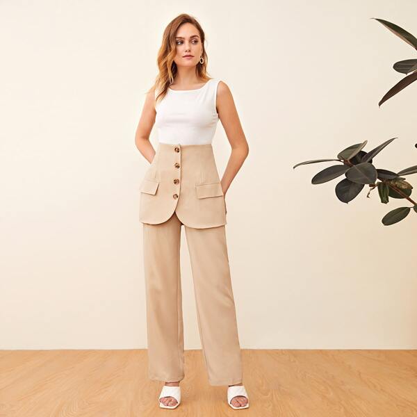 

Buttoned Front Flap Detail Pants With Skirt, Apricot