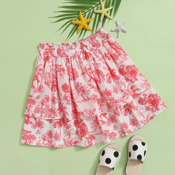 

Girls Shirred Waistband Landscape Print Layered Skirt, Multicolor
