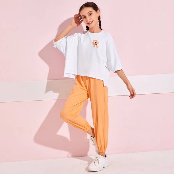 

Girls Raglan Sleeve Letter Graphic Stepped Hem Top & Pants Set, Multicolor