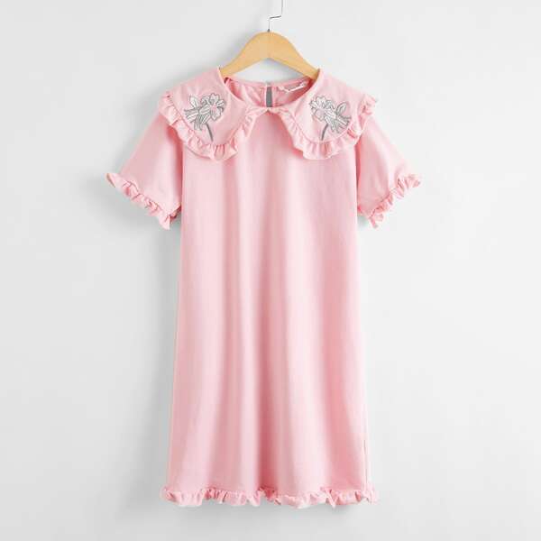 

Girls Floral Embroidered Peter-pan-collar Frill Trim Dress, Pastel baby pink