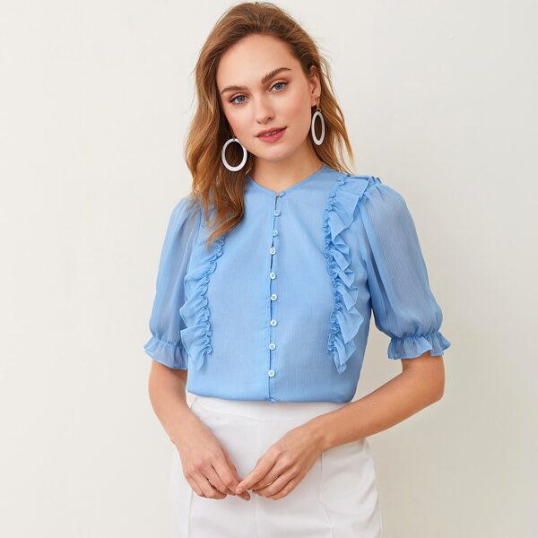 

Ruffle Trim Solid Blouse, Pastel baby blue