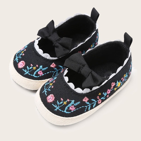 

Baby Girl Bow Decor Flower Embroidered Flats, Black