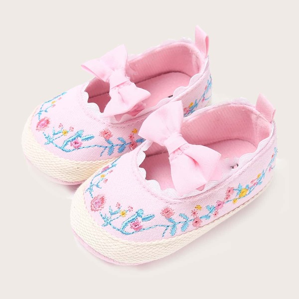 

Baby Girl Bow Decor Flower Embroidered Flats, Pink