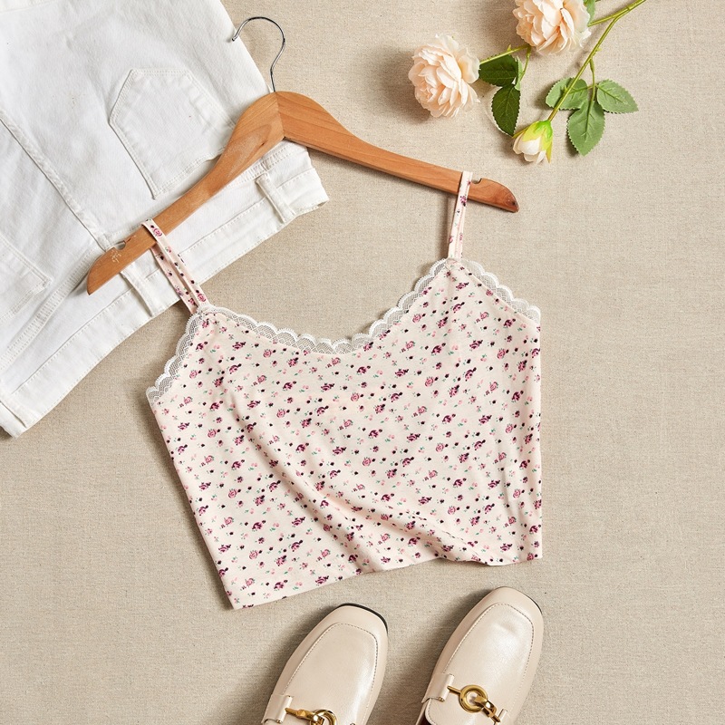 

Ditsy Floral Lace Trim Cami, Beige