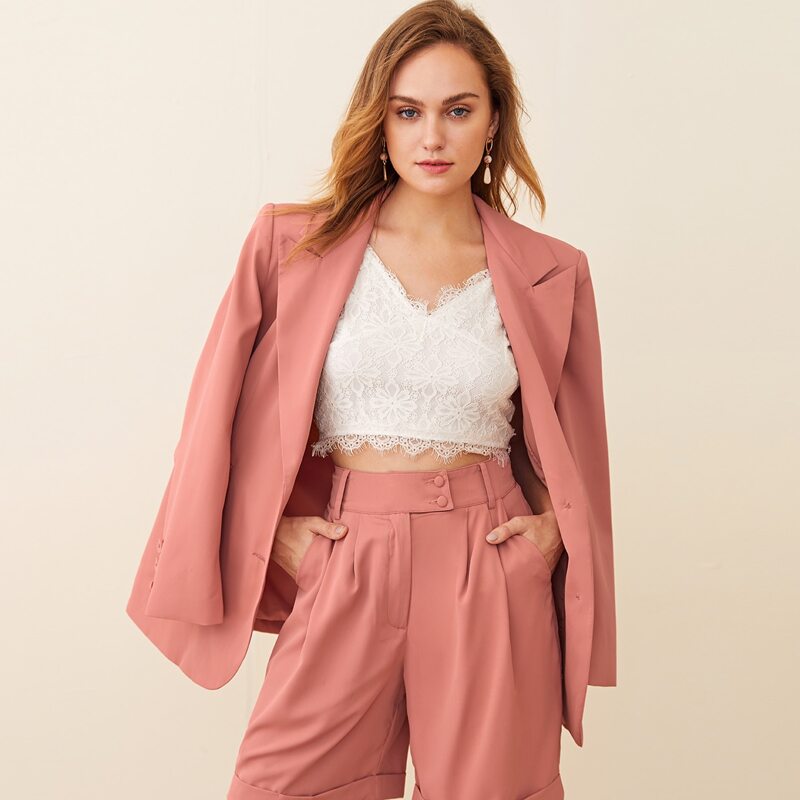 

Notched Collar Buttoned Front Blazer, Dusty pink