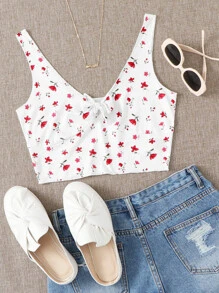 SHEIN EZwear 印花繫帶九分背心上衣 - 白色 - 查看 1