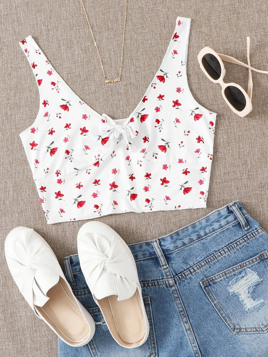 SHEIN EZwear 印花繫帶九分背心上衣 - 白色 - 查看 1