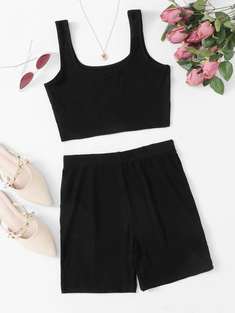 SHEIN Crop Tank Top & Cycling Shorts Set - Black - View 1